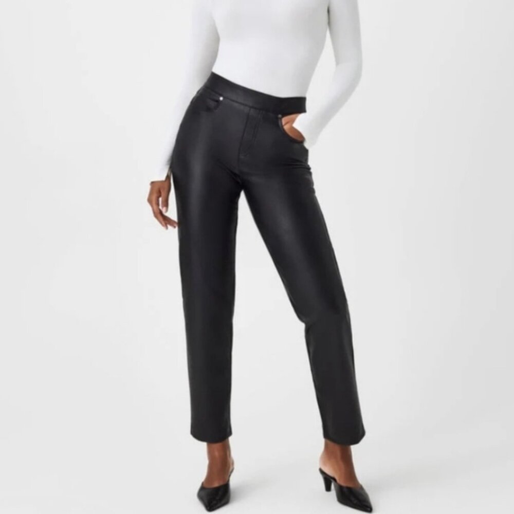NWT Spanx Leather Like Slim Straight Pant Luxe Black Size S Ankle Length Stretch